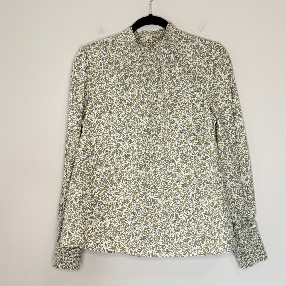 Hyacinth House Floral Smocked Mock Neck Blouse Green Medium Long Sleeve Puff - Picture 1 of 9